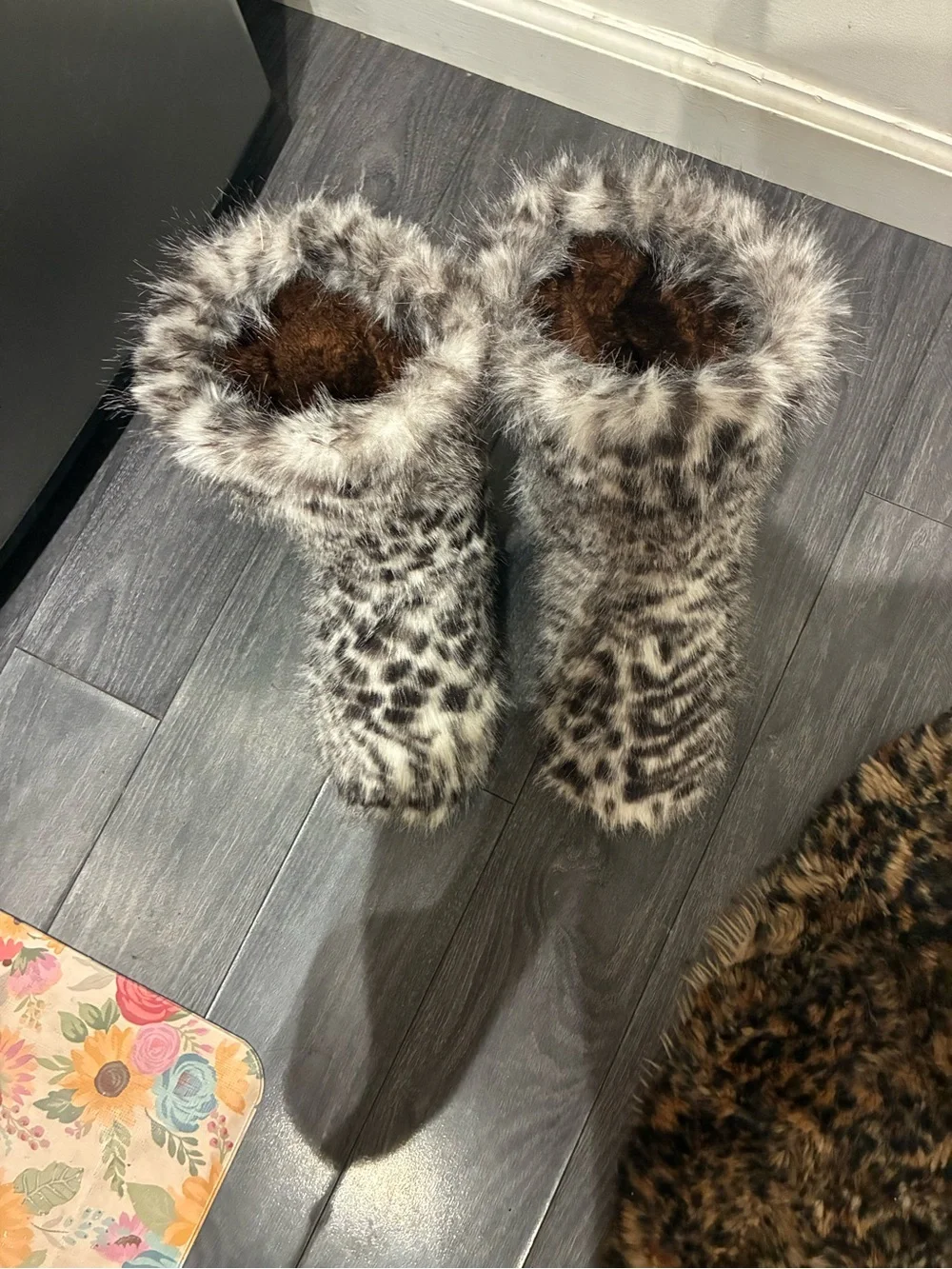 Fashion Nova Leopard Print Faux Fur Ankle Booties in Brown and White